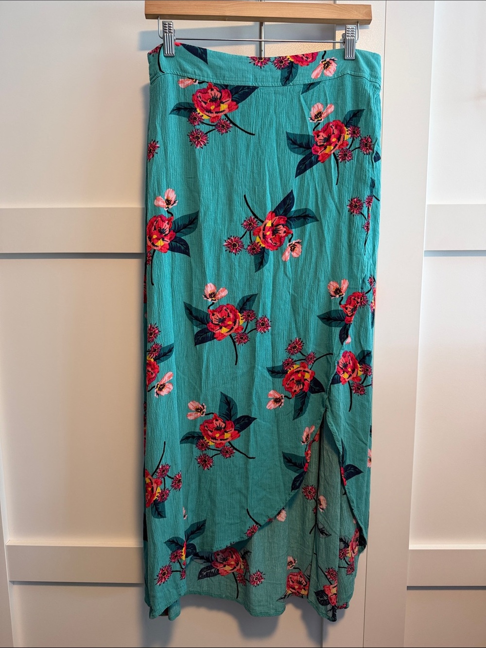Express Teal Maxi Skirt with Red and Pink Floral Print